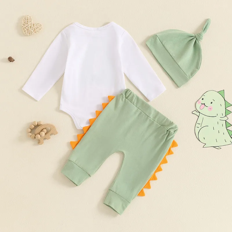 Newborn Baby Boys Pants Sets Spring Fall Clothes Long Sleeve Crew Neck Dinosaur Bodysuit with Contrast Color Sweatpants and Hat