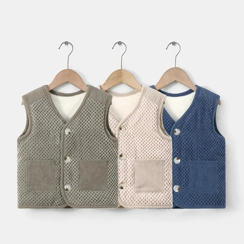 Retro Style Children's V-neck Vest Autumn Winter Plush Thicken Warm Vest Boys Girls Corduroy Solid Color Outwear Cardigan Vest