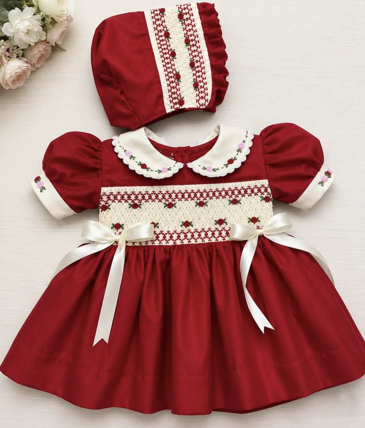 Baby Girl Vintage Red Hand Smocked Dress Floral Embroidery for Christmas New Year Birthday Party Photography A469