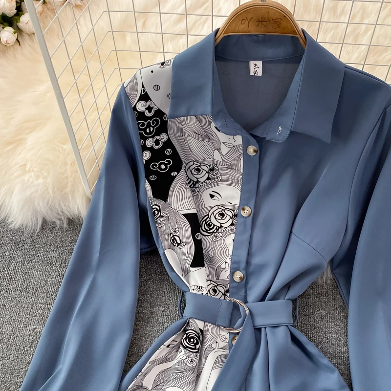 New Runway Design Spring Autumn New Irregular Cardigan Color Blocking Lapel Long Sleeve Shirt Dress