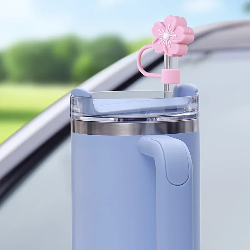 5 szt. Silikonowych Końcówek do Słomek Sakuras, Uniwersalne Nakładki na Słomki z Kwiatowym Wzorem, Akcesoria do Napojów Wielokrotnego Użytku do Kubków 10 mm