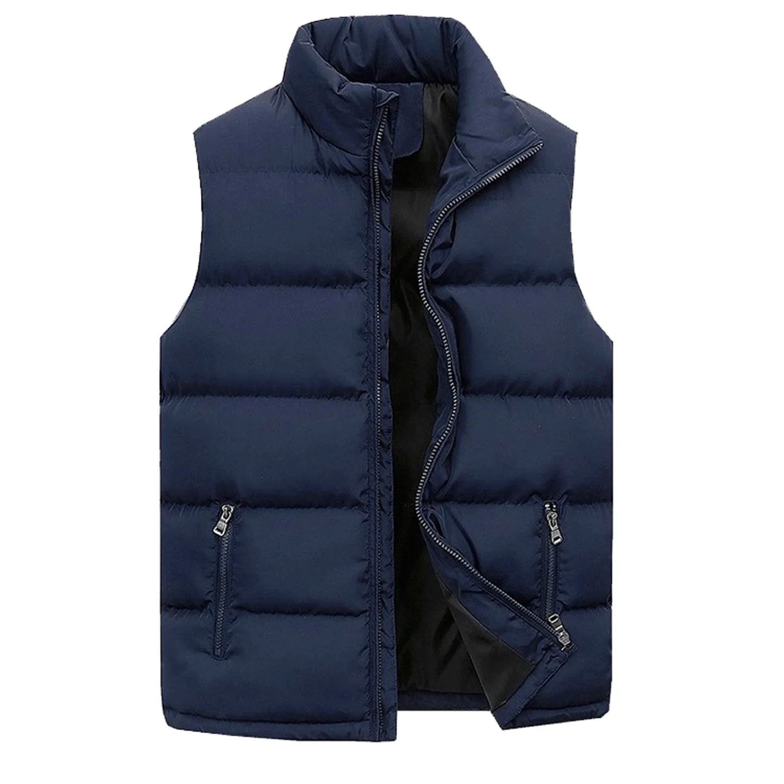 Men Cotton Padded Vest Autumn Winter Warm Solid Color Jacket Coat Zipper Stand Collar Sleeveless Outwear Vest