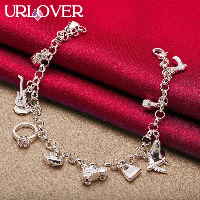 URLOVER 925 Sterling Silver Airplane /cars/bells/lollipop/Guitar Pendants Bracelets For Woman Wedding Party Fashion Jewelry Gift