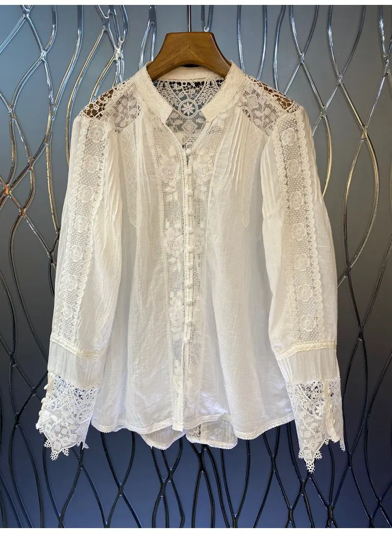 100%Cotton Blouse 2022 Spring Summer Fashion White Blouses Women Crochet Lace Embroidery Patchwork Long Sleeve Loose Tops Female