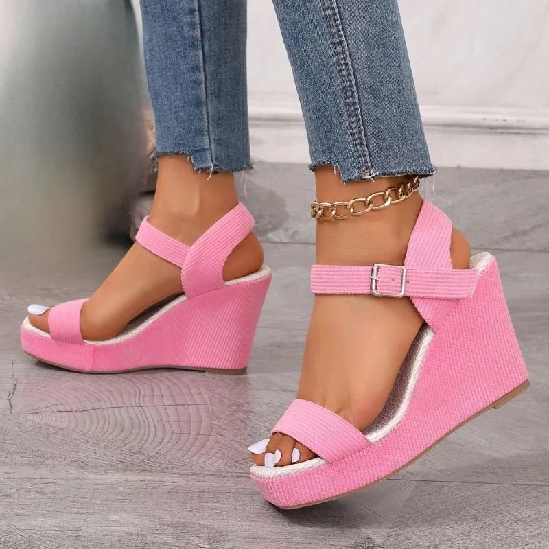 Platform Wedge Sandals Solid Color Round Headed Square Buckle Design Comfortable and Elegant High-heeled Sandals