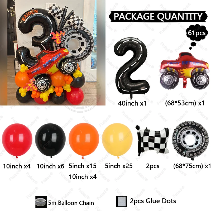 61 قطعة سباق السيارات موضوع الإطارات احباط بالون مجموعة متقلب العلم 1-9 سنة بنين حفلة عيد ميلاد الديكور سحب سريع استحمام الطفل #5
