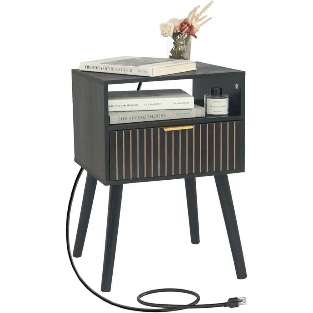 

Black Nightstand with Drawer, Mid Century Modern Bedside Table with Open Shelf Storage, End Table with Solid Wood Legs, Black