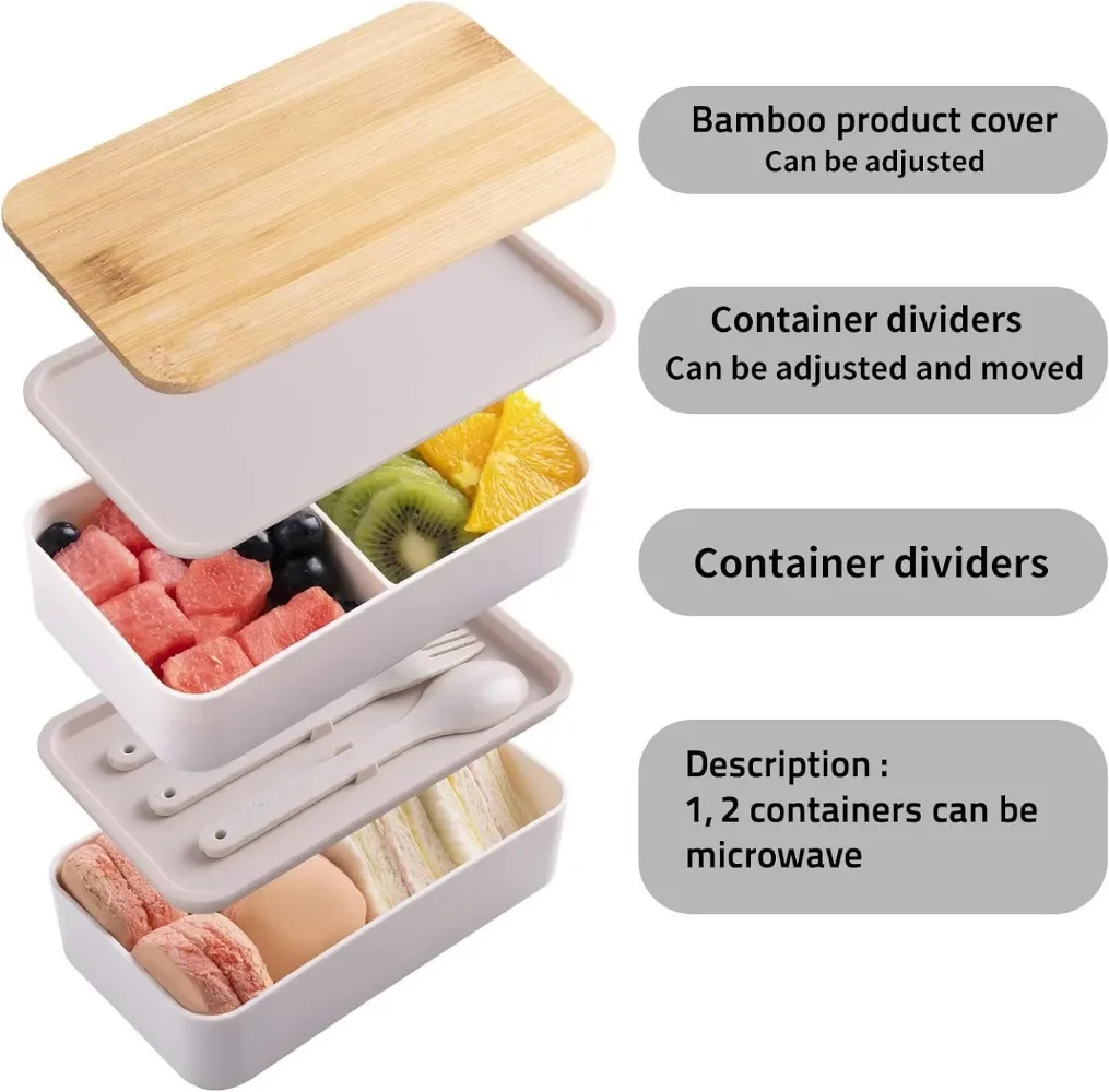 Bento-Lunchbox für Erwachsene, 2-stufiges Aufbewahrungsbehälter-Set für Lebensmittel mit Besteck für Kinder/Kinder, zerkleinerer, mikrowellengeeignet und spülmaschinenfest – Detail 2