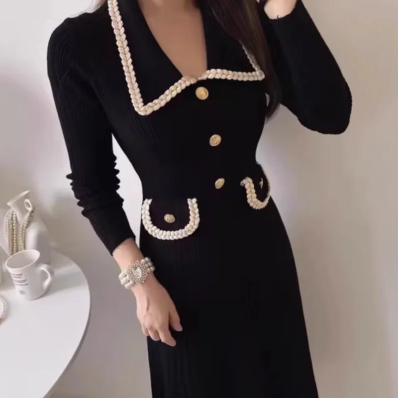 Contrast High Waist Vestidos Mujer Small Fragrance Women Dresses Korean Knitted Dress Long Sleeve Vestido 2024 Button Robes