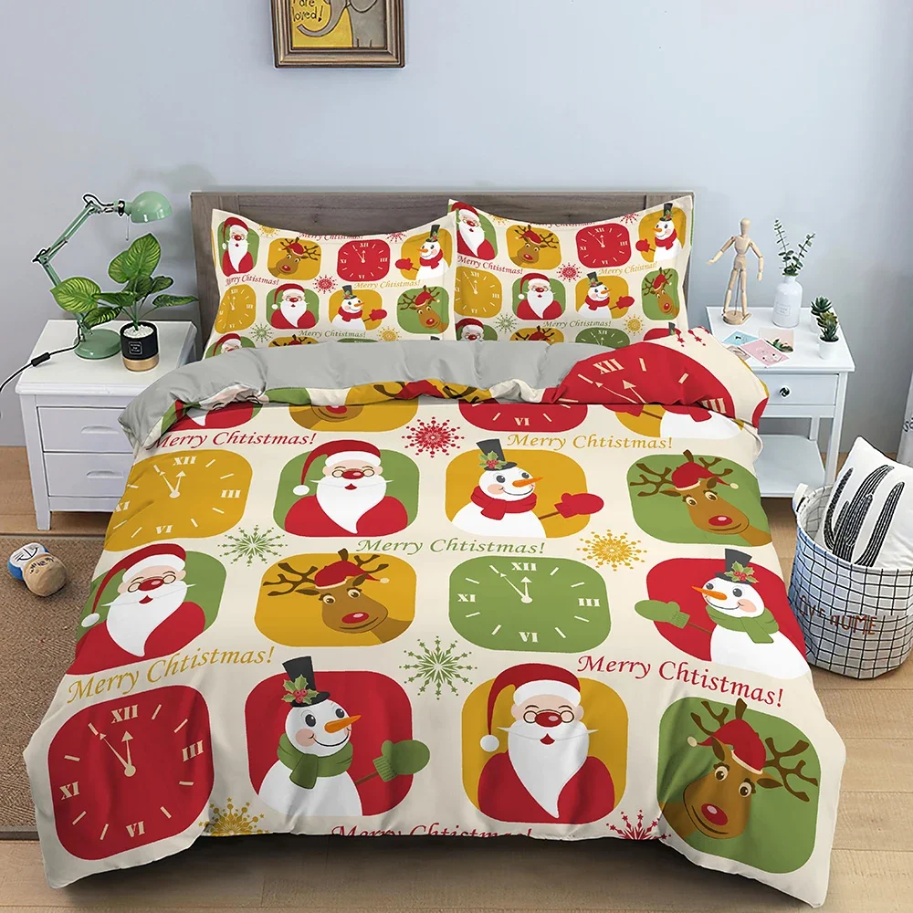 Merry Christmas King Queen Duvet Cover Cartoon Santa Snowman Elk Bedding Set for Kid Happy New Year 2/3pcs Polyester Quilt Cover