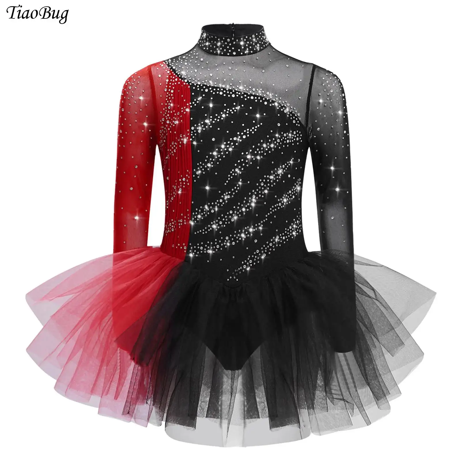 

Girls Ballet Gymnastic Leotard Dress Lyrical Figure Skating Dance Dress Long Sleeves Rhinestones Color Block Mesh Tulle Dresses