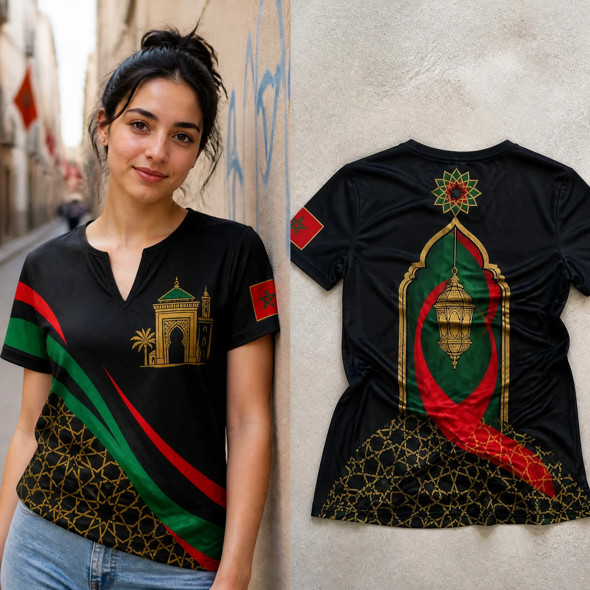 Womens V Neck Short Sleeve Morocco T Shirt Color Block Star Crest Graphic Casual Summer Tee Comfortable Daily Outfit Smooth Feel