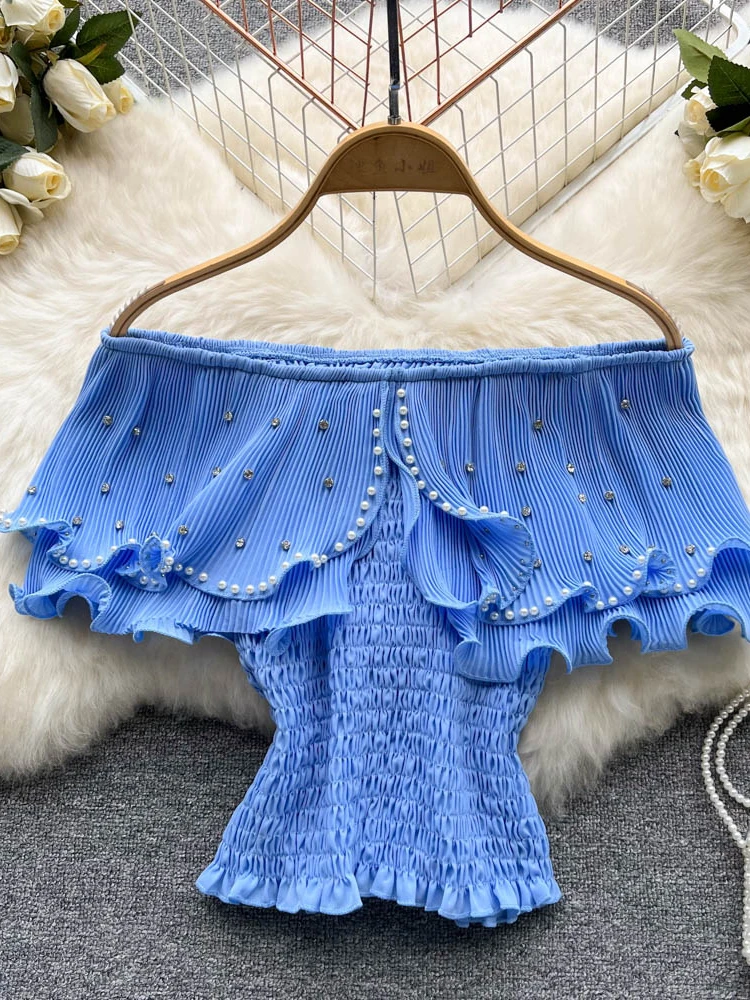 Pleated Blouse French Chic Sleeveless Shirts for Women Pearl Blusas Woman Sweet Fringe Crop Tops Dropshipping