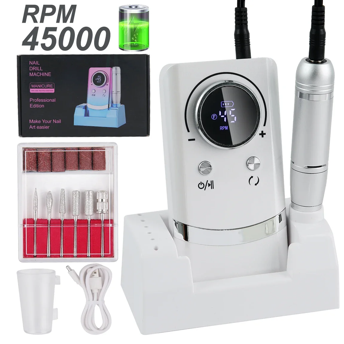 45000RPM Professional Rechargeable Nail Drill Machine - Low NoiseSuitable for All Gel Nails (Equipped with Nail Sander File)