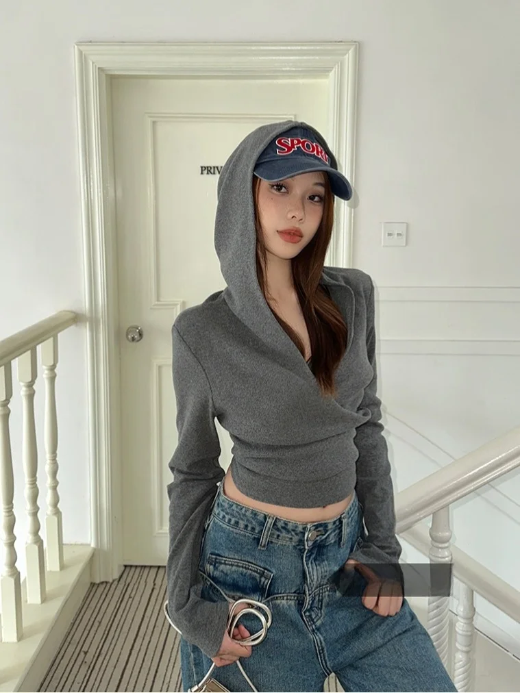 Koreaans ontwerp Cross Hood Long Sve Sweatshirt Dames Faion Sweet Cool Sle Winter Nieuwe collectie Slim Fit ort Top