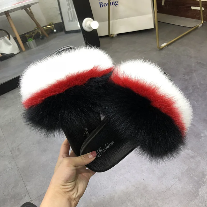 Real Fox Fur Slippers Women Summer Furry Fur Slides Female Beach Sandals Outdoor Fluffy Flip Flops Luxury Natural Fur Shoes