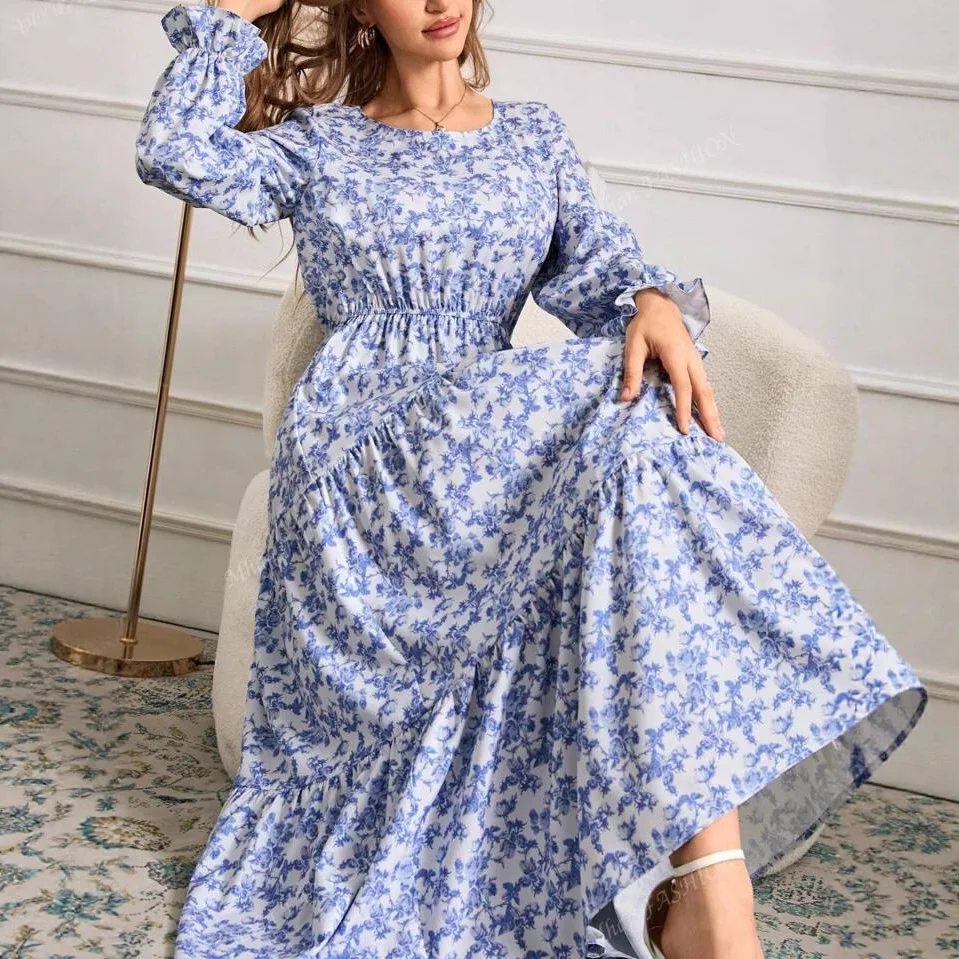 أوروبا وأمريكا والتجارة الخارجية AliExpress المرأة المطبوعة طاقم الرقبة طويلة الأكمام لوتس حافة فستان 2025 جديد