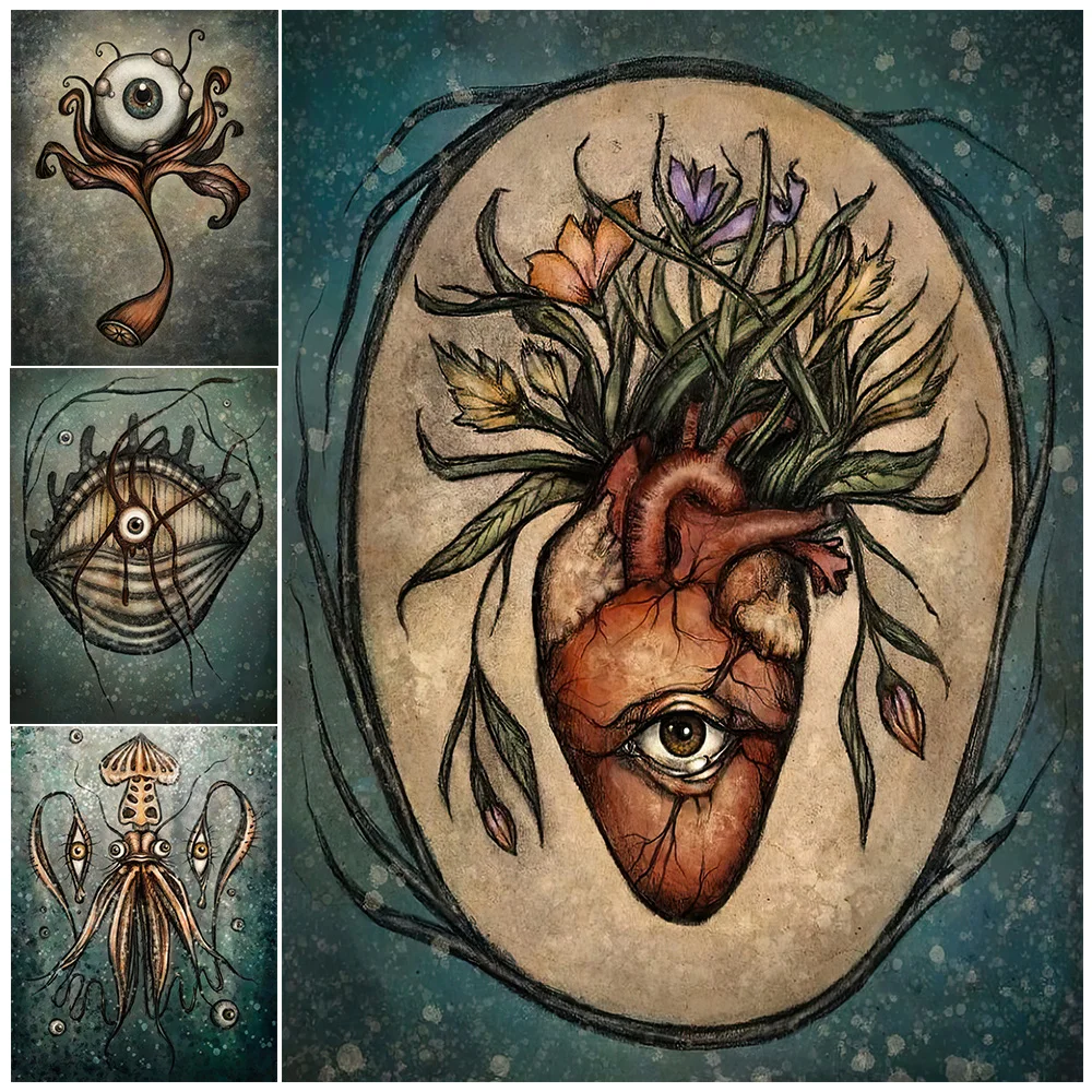 Plant Flowers Heart And Eyes Vintage Wall Art Canvas Painting Creepy Demon Eyes Abstract Artwork Poster Print Home Decoration