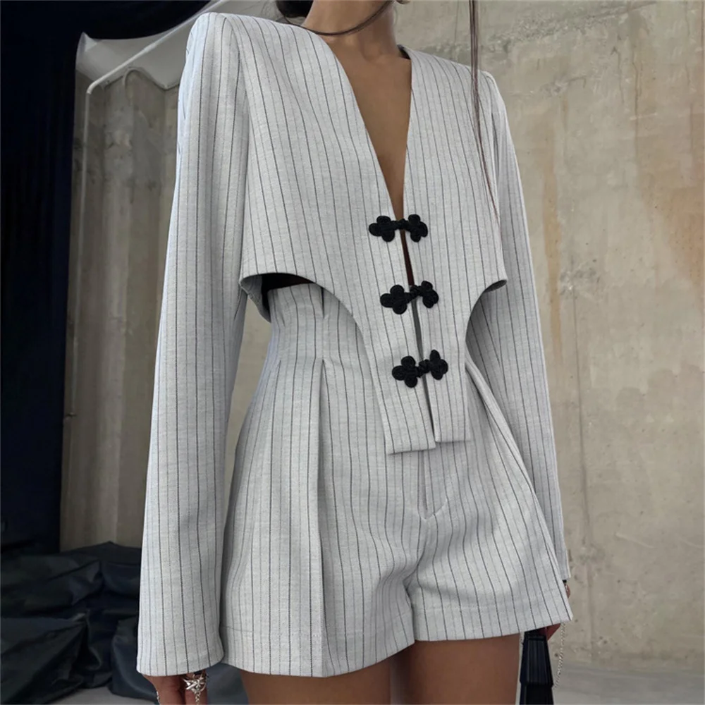 Women Stripe Print 2 Piece Sets Elegant Long Sleeve Deep V-Neck Irregular Top with High Waist Shorts Set Streetwear