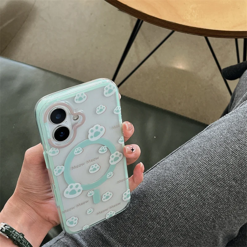 

Fashion Cute Cartoon Cat Paw Print Magnetic Phone Case For iPhone 16 Pro 14 15 Pro Max Cover Shockproof Cases For Magsafe