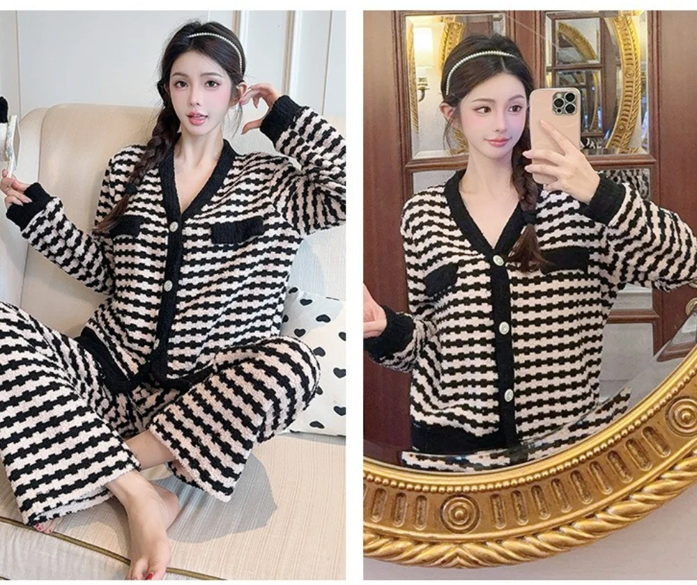 Loose striped spring autumn sleepwear women soft sticky V-neck long sleeved pants small fragrant style homewear fashionable set