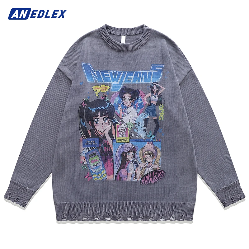 Sweater rajutan uniseks, musim gugur musim dingin Anime gadis cetak Sweater rajut pria Streetwear katun Harajuku longgar hitam abu-abu aprikot Pullover uniseks