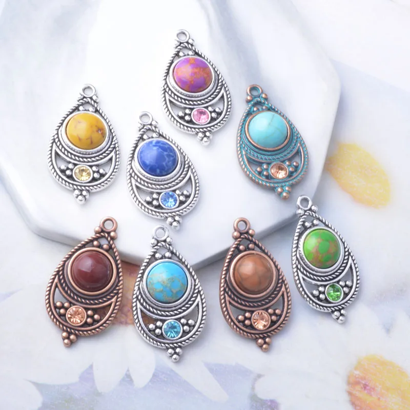 10 Stück Böhmischer Stil Antik Silberfarbene Stein- und Acryl-Anhänger Zinkmetall-Ohrringe Anhänger Zubehör DIY Damenschmuck – Detail 14