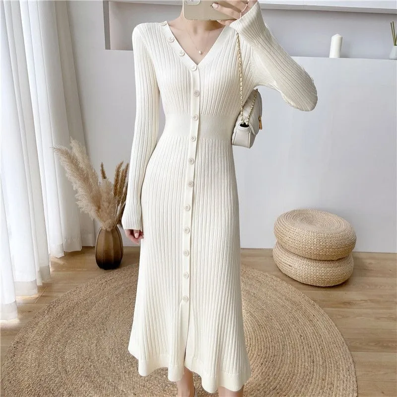 

2024 New Women Slim Dress Autumn Winter Waist Tucked Knee Length Skirt Underneath V-neck Knitted Dress Long-sleeve A-line Skirt