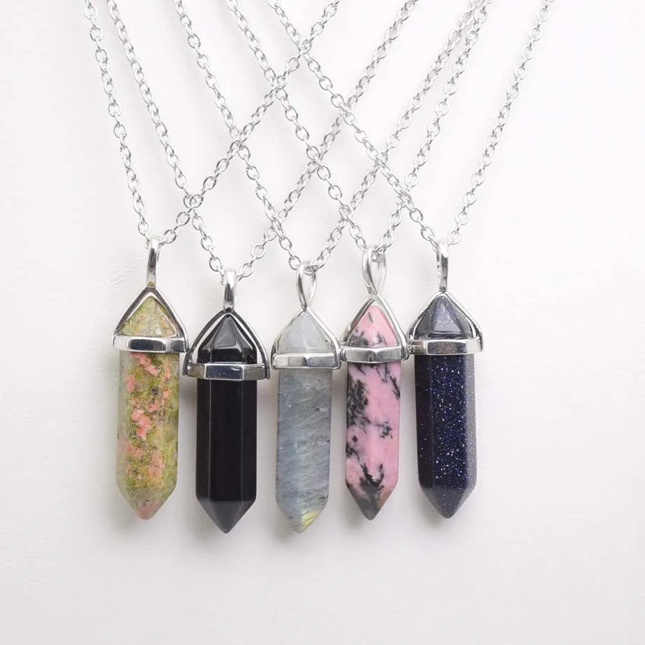 Natural Stone Crystal Hexagonal Point Pendants Necklaces Amethysts Pink Quartz Lapis Healing Chakra Bullet Pendulum Jewelry