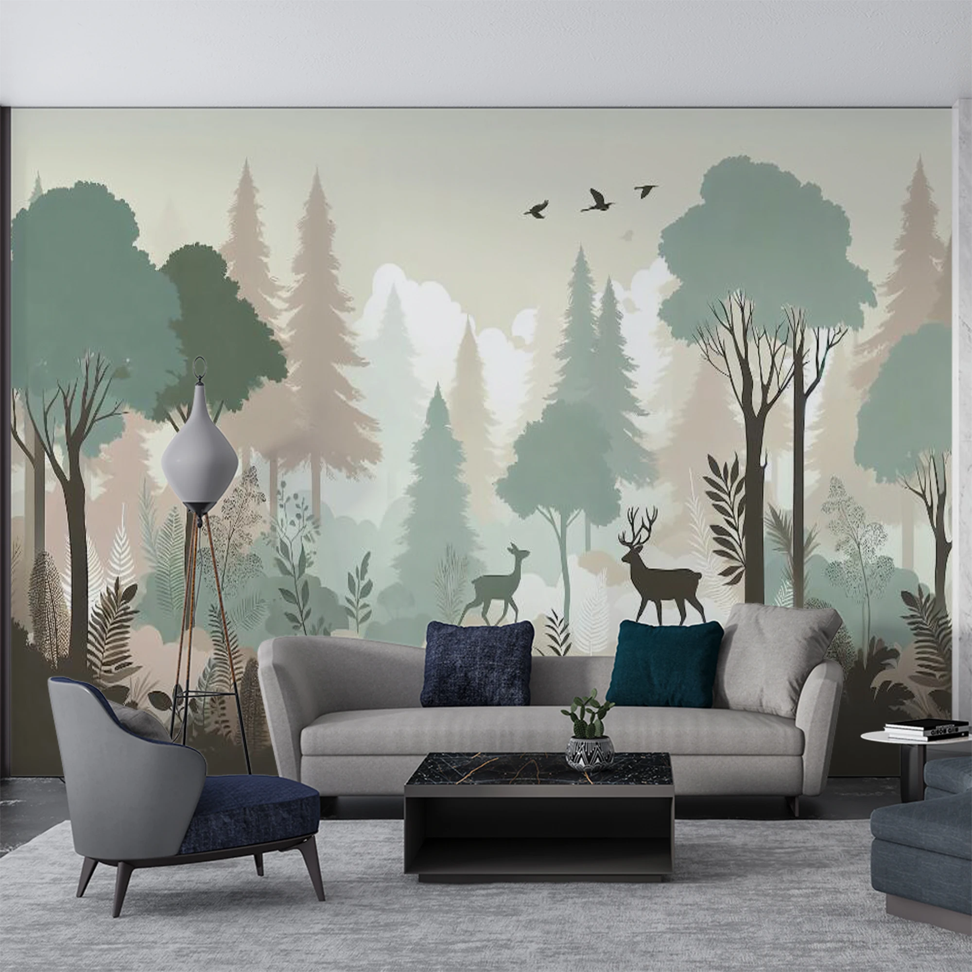 Custom Soft Color Forest Deer Mural Wallpaper Misty Woodland Tree Bird Wall Paper for Kids Room Nursery Bedroom Decor