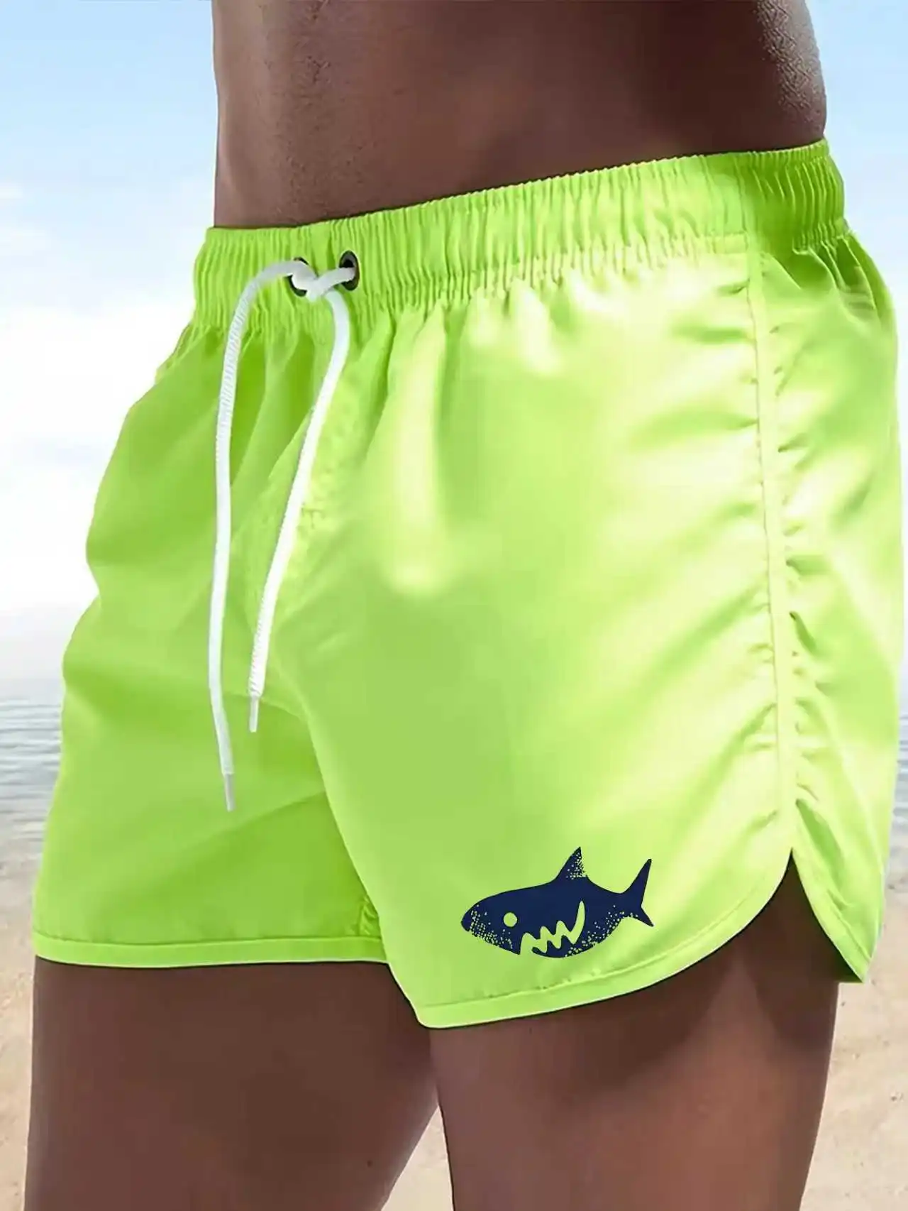 

Summer Thin Shark Print Beach Shorts with Drawstring Lightweight Beachwear for Men