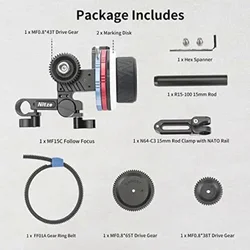 Nitze Mini Follow Focus Kit MF15D with Drive Gears Marking Disks Gear Ring Belt 15mm Rod and Rod Clamp with NATO Rail - MF15C