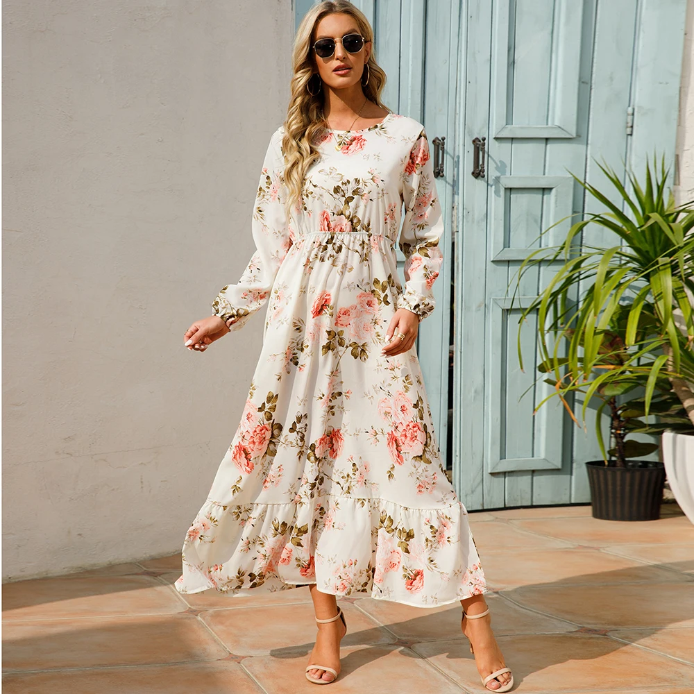 Maxi abiti da donna Sping autunno bohémien Casual manica intera vita alta spiaggia donna abiti in Chiffon abito lungo floreale vestido