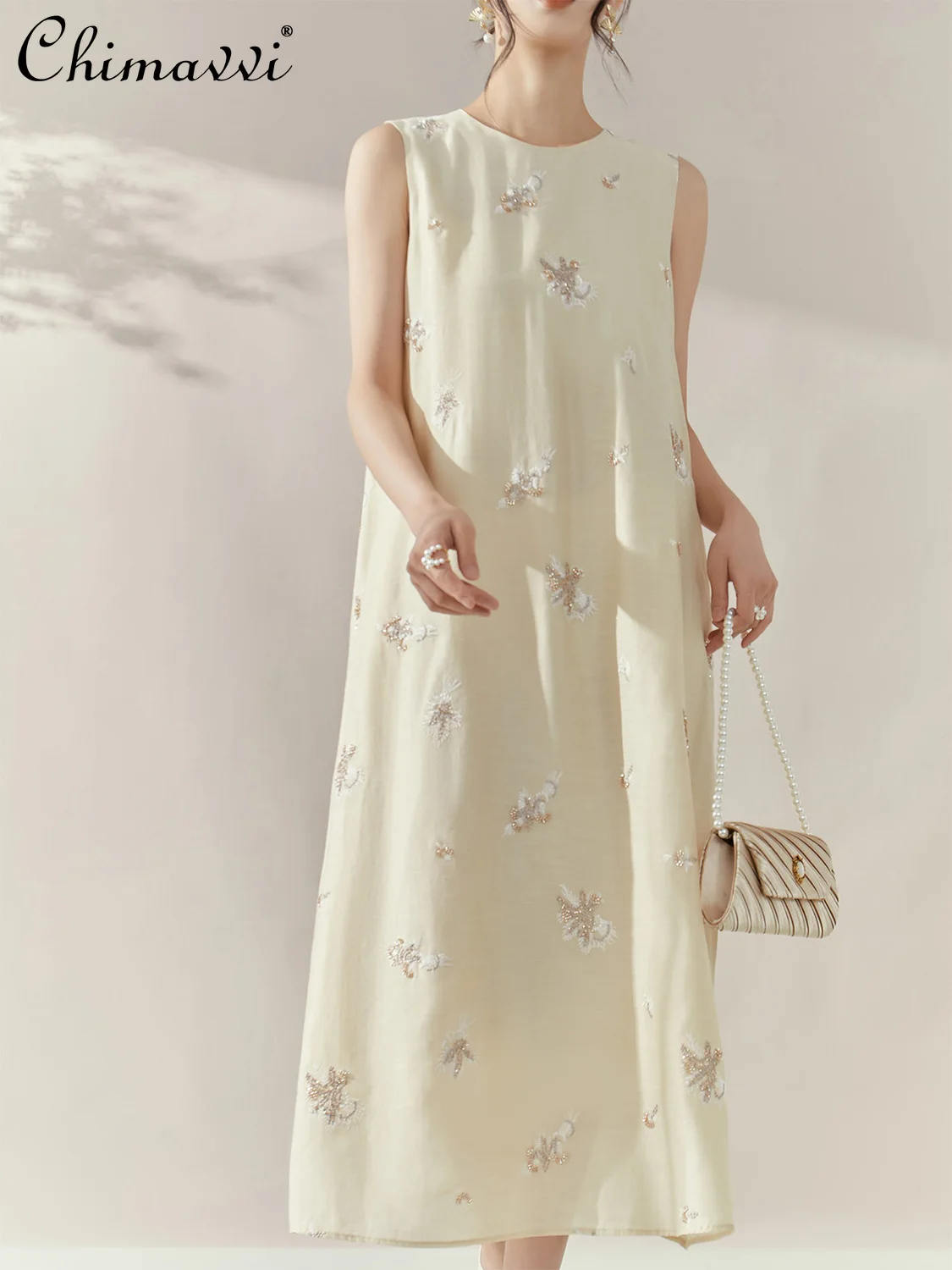 

French Elegant Temperament High-end Long Dress Round Neck Sleeveless Bow Bead Embroidery Loose Casual A-line Dress Women Summer
