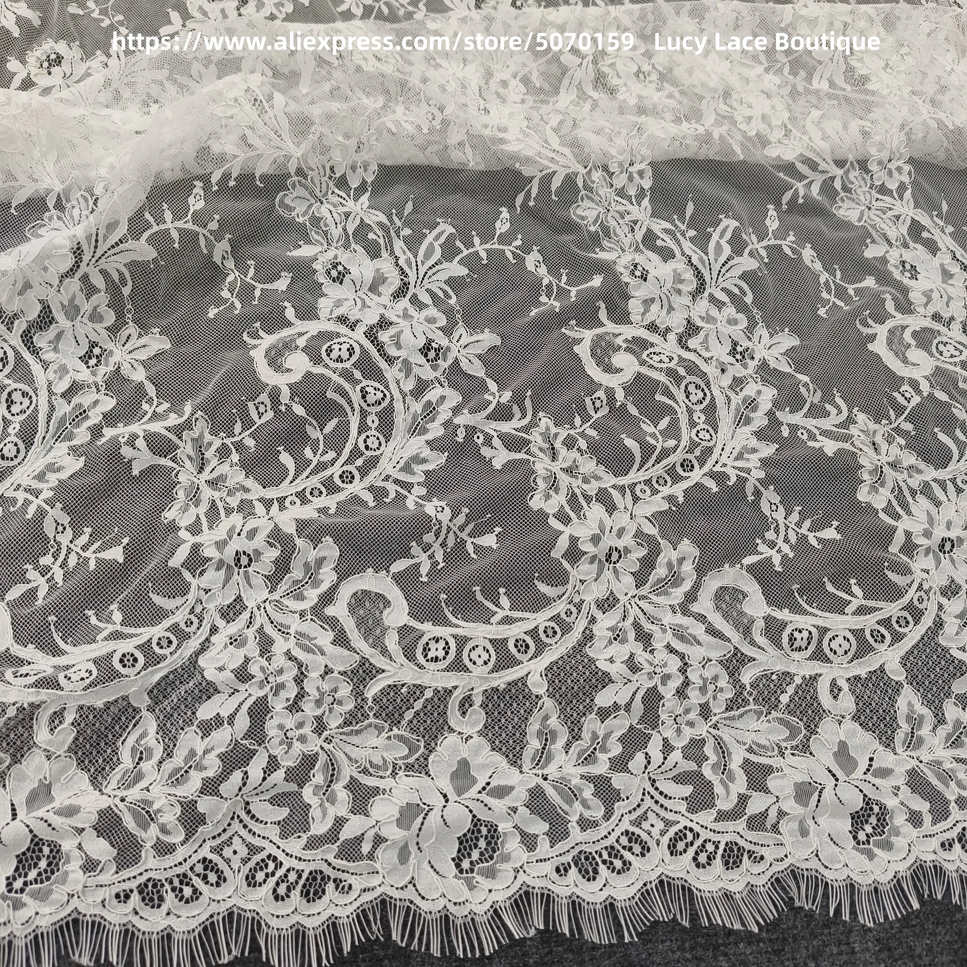 1.5M Wide Florals Lace with Cord, Off White Embroidery Cording Lace, Lashes French Chantilly Lace, Wedding Dress Material 3M