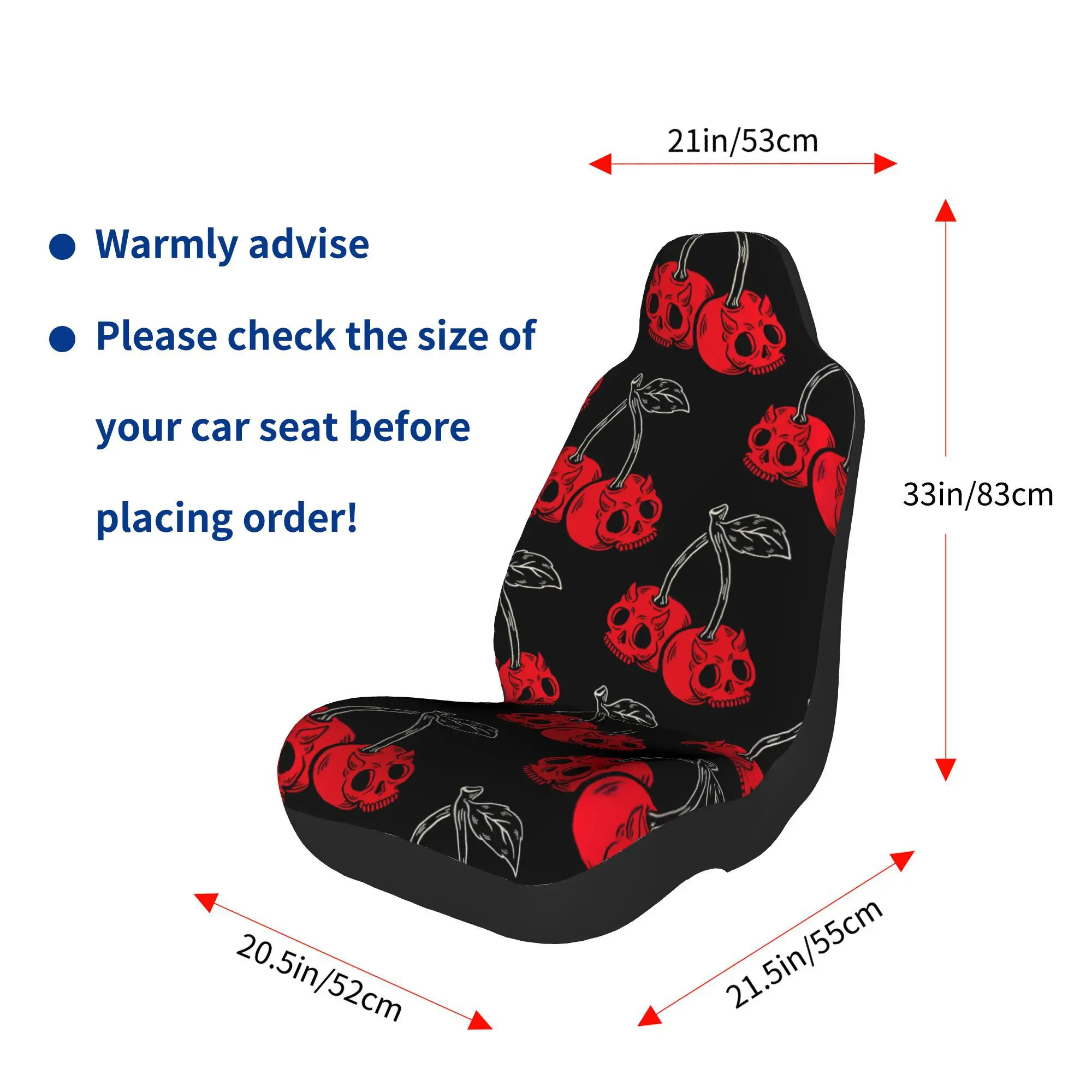 2pcs Skull Cherries Cute Cartoon Printed Car Seat Cover Universal Front Seat Cushion Anti-Fouling Non-Slip Auto Seat Protection