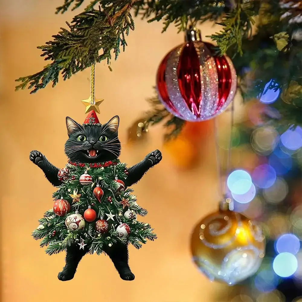 

2D Christmas Cat Pendant Acrylic Cartoon Xmas Tree Ornaments Decorative Xmas Black Cat Pendant Cat Hanging Ornaments