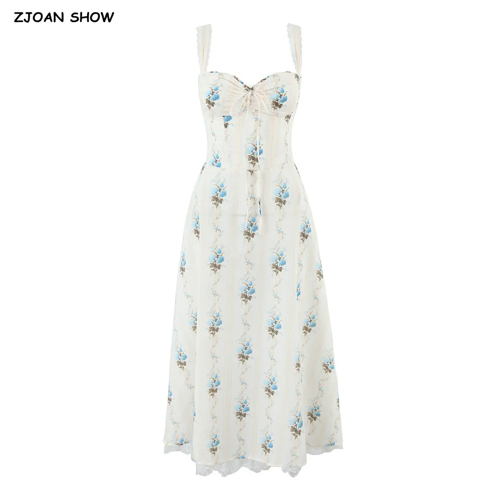 

2025 Romantic Apricot Floral Print Bow Ruched Bra Chest Sling Dress Women Low Waist Fold Swing Lace Lining Midi Dresses Robe