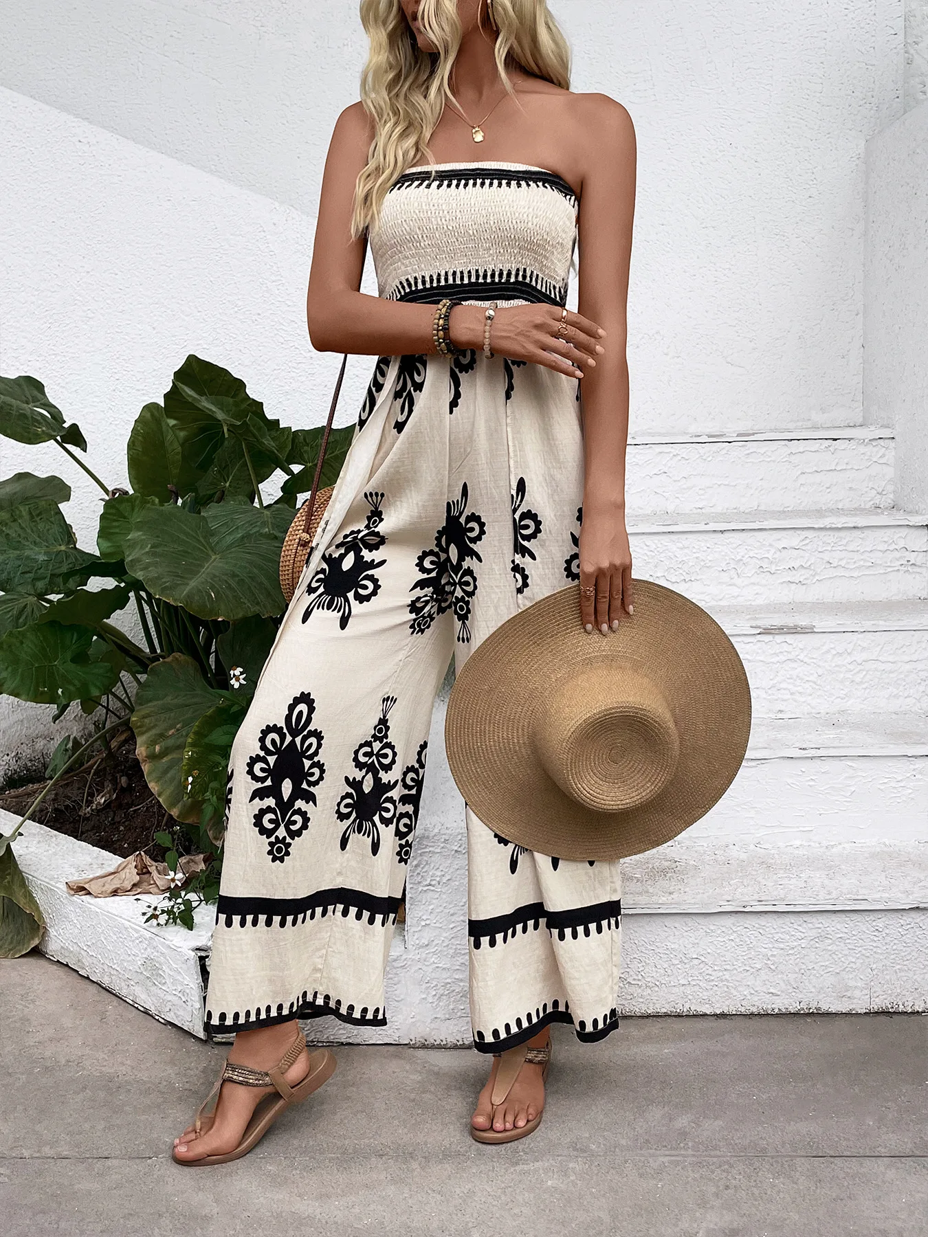 New Summer Positioning Printed Strapless Jumpsuit, Strapless, Contrasting Geometric Print, High Waist Wide Leg Jumpsuit