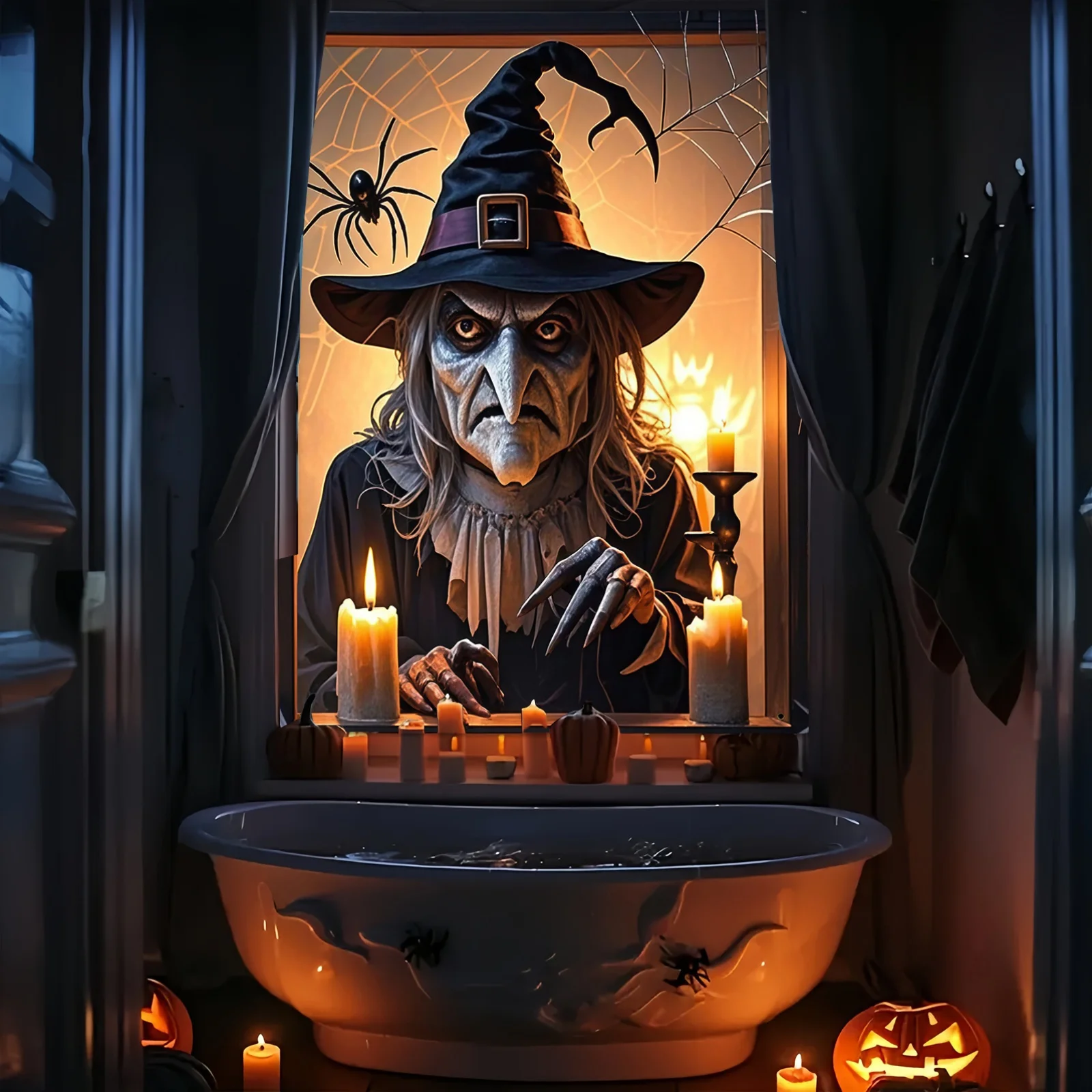 قطعة واحدة من لافتة نافذة ساحرة الهالوين - تصميم ساحرة شبح البوليستر، الشموع والقرع، ديكور حفلات الهالوين