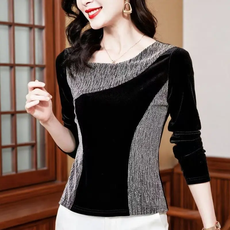 

Velvet 2026 Spring And Autumn New Versatile Bright Silk Splicing Velvet Slim Long Sleeve Bottom Long Sleeve T-shirt Women