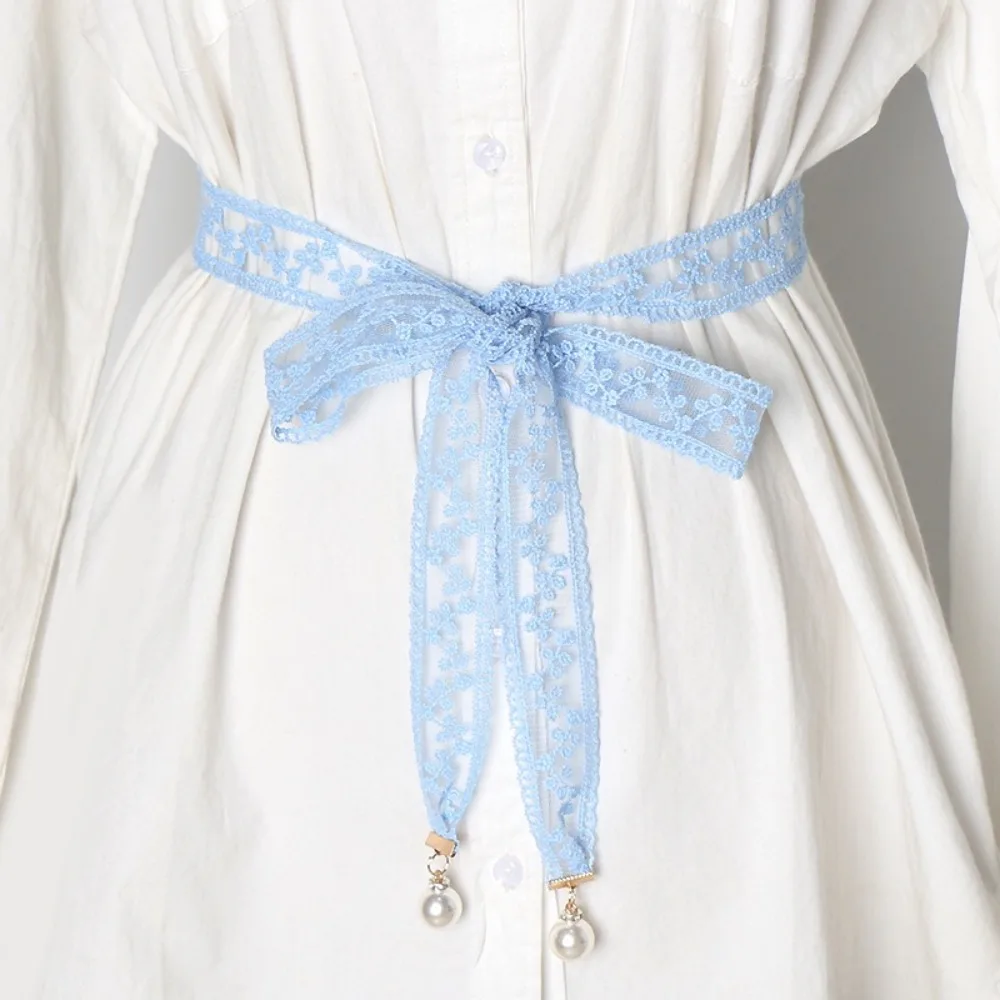 トレンディなカジュアルパールペンダントベルト、スイートデザイン、エレガントスタイル、チェーンベルト、軽量レースウエストベルト（女性用）