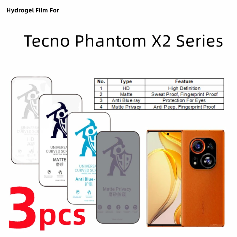 3pcs HD Hydrogel Film For Tecno Phantom X2 Pro Matte Screen Protector For Tecno Phantom X2 Pro Eye Care Anti Spy Protective Film