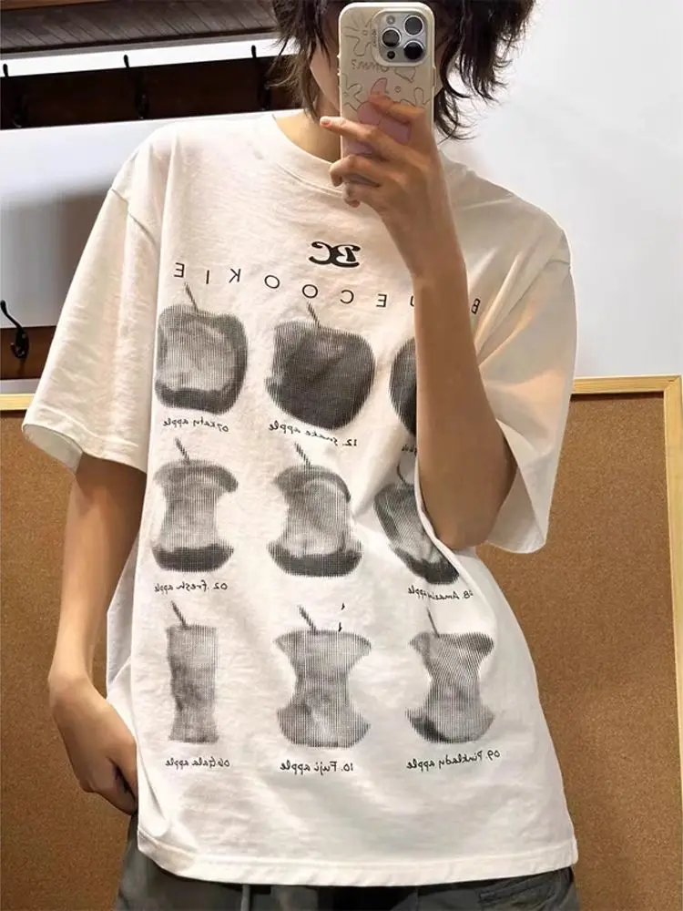 

American retro apple print T-shirt trendy brand high street round neck short-sleeved women's summer oversize couple Y2K top emo