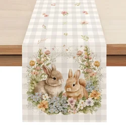 Happy Easter Rabbit Flowers Linen Table Runner Holiday Party Decor Spring Florals Buffalo Plaid Table Runners Easter Decorations