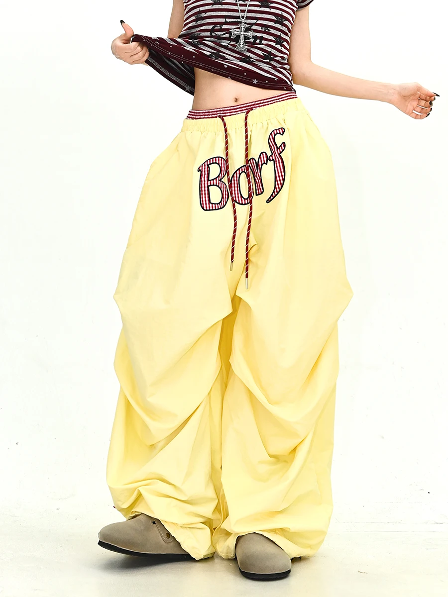 Casual Pleated Loose Women's Plaid Patchwork Summer New Style Wide Leg Pants American Retro Style Student Suitable