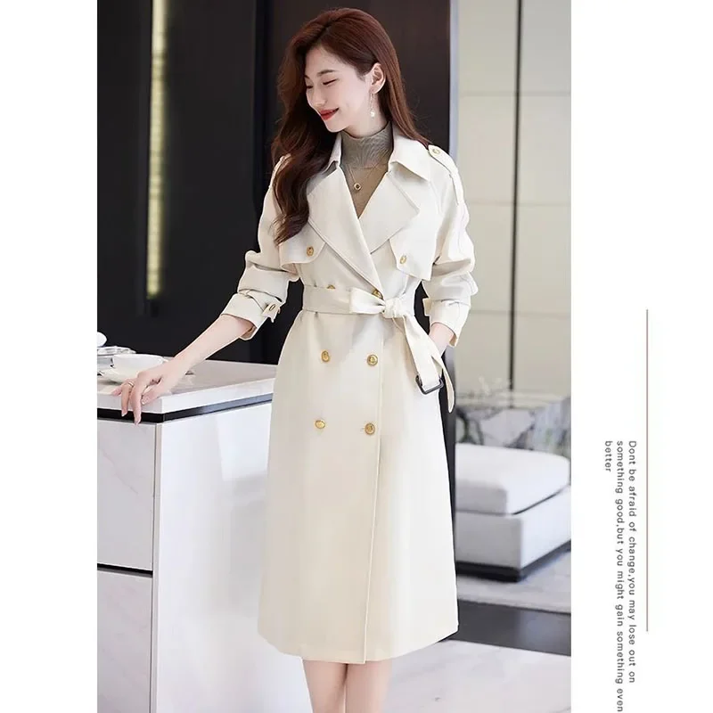 

Корейский модный плащ, женский весенний новый облегающий длинный женский плащ на шнуровке с поясом, двубортный свободный женский костюм