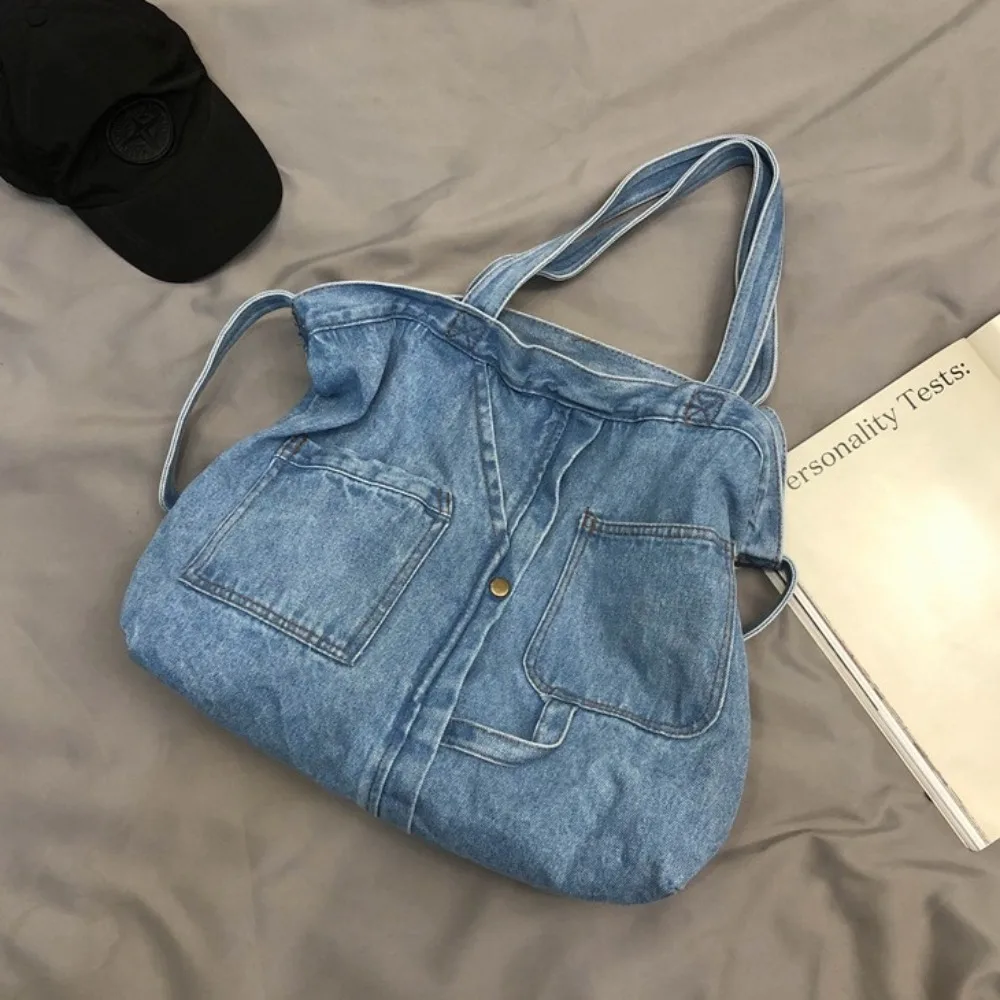 Practical Denim Cloth Casual Handbag Square Shape Blue Shoulder Bag Zipper Shopping Bag Unisex