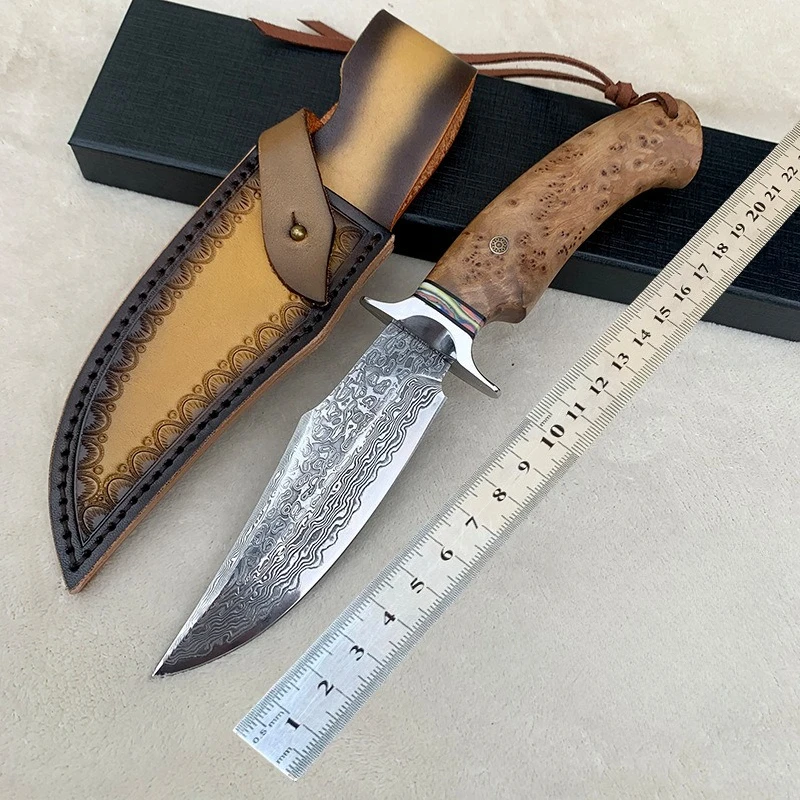 RHON Outdoor Forged Fixed Blade Knife High Hardness Damascus Steel Sharp Field Survival Camping Hunting Straight Knives Sheath