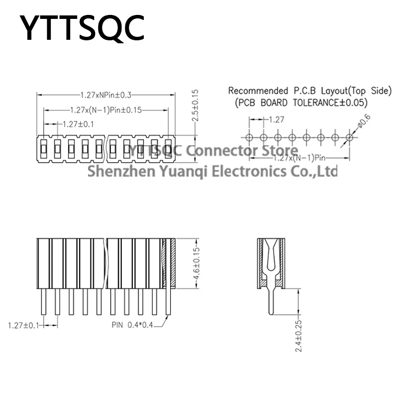 10pcs 1.27mm Plastic height 4.6mm 1*3/4/5/6/8/10/12-40p Pin Header Single Row Female Breakaway PCB Board Connector Pinheader